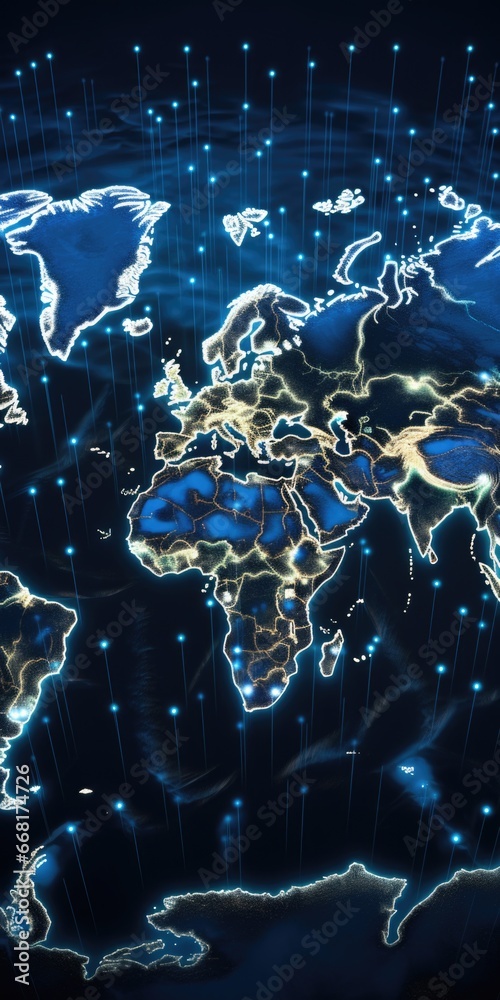 Poster A map of the world with vibrant glowing lines. Perfect for illustrating global connectivity and technology advancements. Ideal for presentations, websites, and educational materials