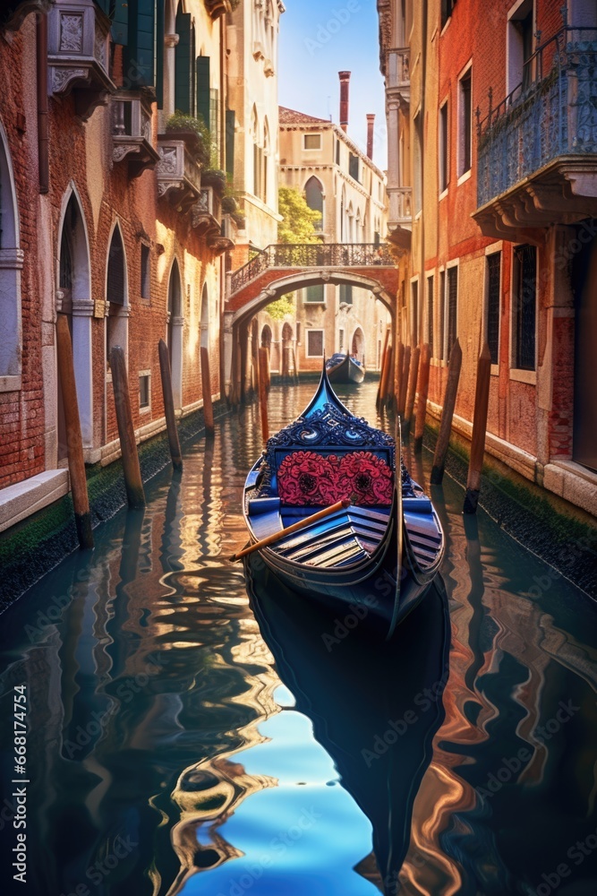 Poster a gondola is seen floating in the middle of a canal, with beautiful buildings in the background.