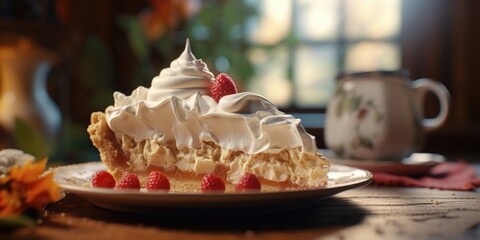 A delicious piece of cake topped with fluffy whipped cream and juicy raspberries. Perfect for dessert or special occasions