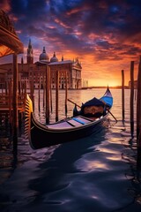 A gondola floating peacefully in the middle of a body of water. Perfect for travel brochures or romantic getaway advertisements