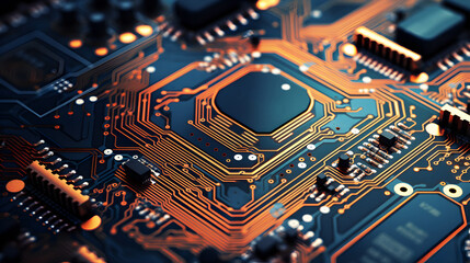 Close-up of a vibrant circuit board with microchips and electronic components, showcasing the intricate design of modern technology.