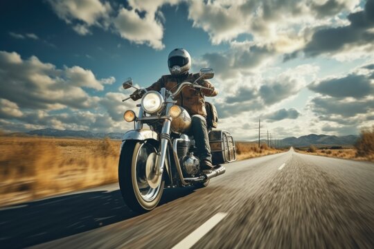 A man is seen riding a motorcycle down the middle of a road. This image can be used to depict the thrill of motorcycle riding or to illustrate concepts of transportation and adventure