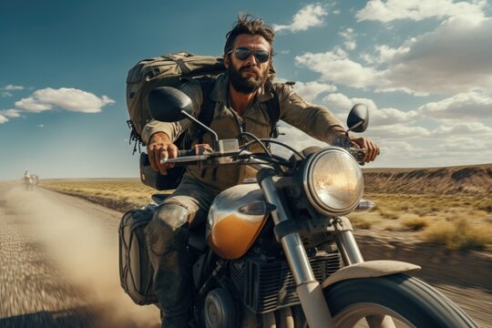 A man is pictured riding a motorcycle down a dirt road. This image can be used to depict adventure, freedom, and the thrill of the open road