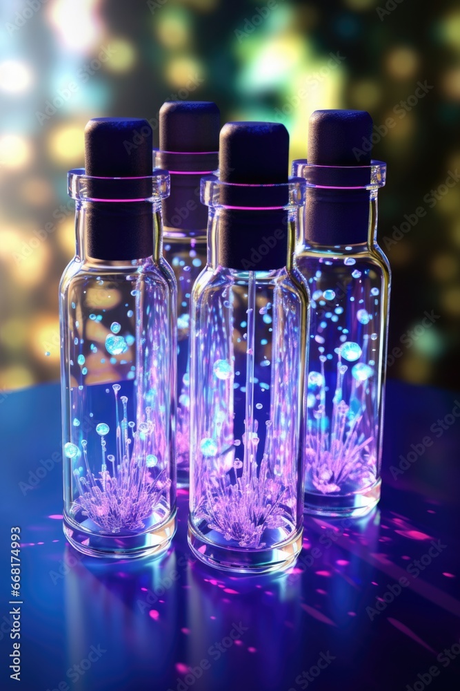 Poster three glass bottles filled with liquid, suitable for various uses