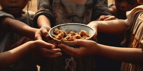 A group of children holding a bowl of food. This picture can be used to depict sharing, community, or hunger relief initiatives