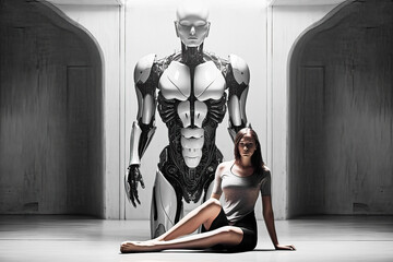 Young Woman in Short Skirt Sits in Front of a Large Metallic Robot on the Floor Inside a Building