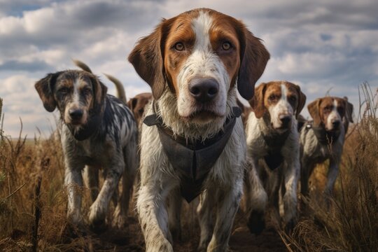 A group of dogs walking through a field. This picture can be used to depict companionship, nature, and outdoor activities