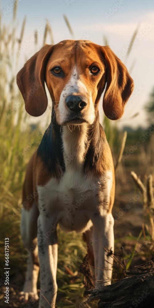 Poster a brown and white dog standing in a field. suitable for various projects and themes