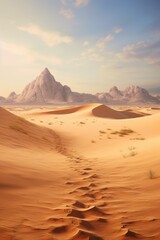 Fototapeta na wymiar A serene desert scene with footprints in the sand. Perfect for conveying the sense of solitude and exploration. Can be used to illustrate travel, adventure, or the beauty of nature