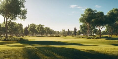 Obraz premium A picturesque golf course with a lush green fairway and tall trees in the background. This image can be used to represent the beauty and tranquility of playing golf in nature