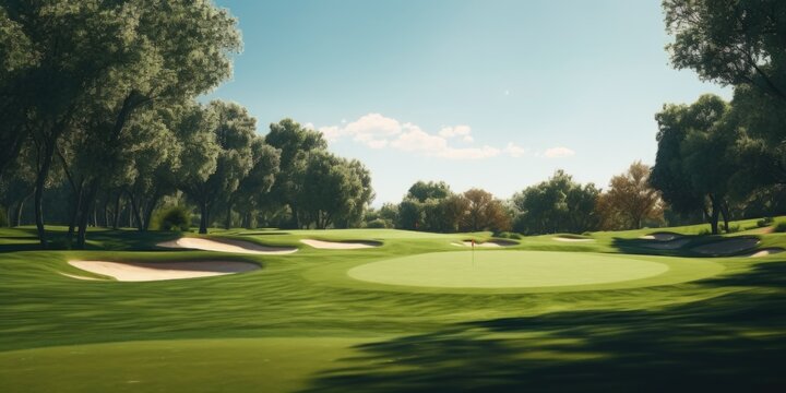 A picture of a golf course with lush green grass and sand bunkers. This image can be used to depict a golfing environment or as a background for golf-related designs