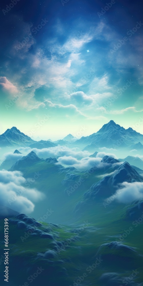 Poster A stunning view of a mountain range with clouds in the foreground. Perfect for nature enthusiasts and landscape lovers.