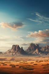 A serene image of a desert landscape with majestic mountains in the distance