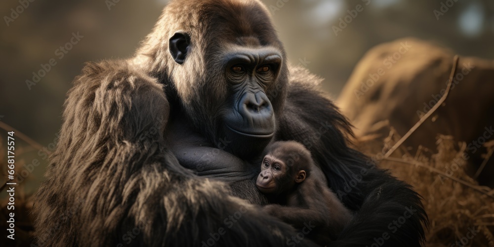 Aufkleber a powerful gorilla holds a tiny baby gorilla in its arms. this heartwarming image captures the stron