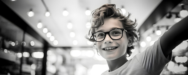 un enfant souriant avec des lunettes de vue chez un opticien