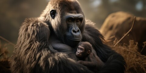 A powerful gorilla holds a tiny baby gorilla in its arms. This heartwarming image captures the strong bond between parent and child. Perfect for illustrating family, love, and protection. - obrazy, fototapety, plakaty