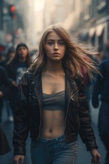 Naklejka premium A woman walking down a bustling city street. This image can be used to depict urban life and daily routines.
