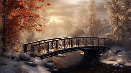 A quaint bridge over a partly frozen river, marking the transition from autumn's warmth to winter's chill.