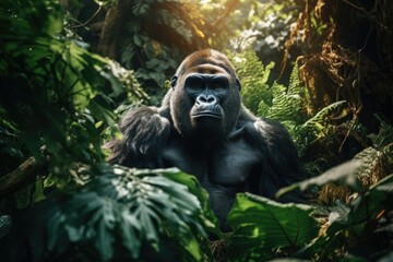 Obraz premium A powerful gorilla sitting calmly in the midst of a lush forest. 