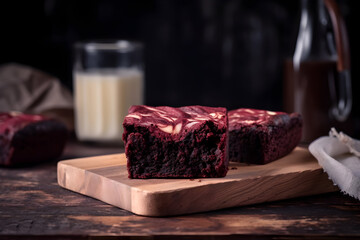 Red velvet chocolate brownie square ready for eating with other brownies in soft focus in behind, generative ai - obrazy, fototapety, plakaty