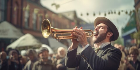 A man playing a trumpet in front of a crowd. This image can be used to depict live music...