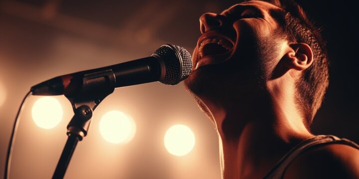 A man is captured singing into a microphone on a stage. This image can be used to represent live performances, concerts, music events, or professional singers.