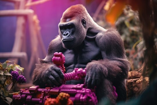 A powerful gorilla sitting on a colorful pile . Perfect for illustrating strength and creativity.