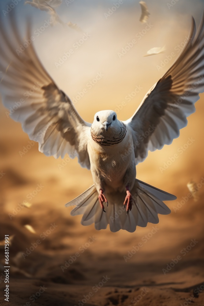 Poster a beautiful white bird gracefully soaring through the sky. this image can be used to depict freedom,
