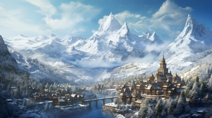 A quaint, snow-covered village nestled in the wintry embrace of the mountains.
