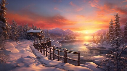 A quaint, wooden bridge covered in snow, set against the backdrop of a stunning, fiery winter sunset.
