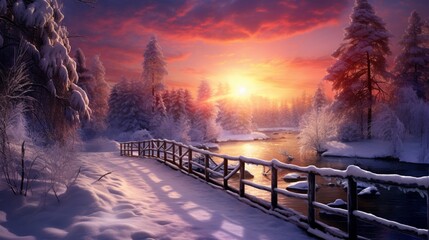 A quaint, wooden bridge covered in snow, set against the backdrop of a stunning, fiery winter sunset.