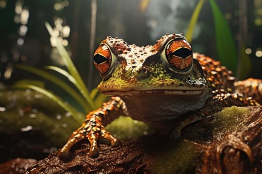 A frog perched on a tree branch. This image can be used to depict nature, wildlife, or the environment.