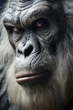 A close-up photograph showcasing the face of a gorilla with long hair. 