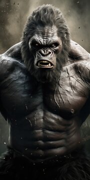 A powerful gorilla standing confidently in front of a dark background. This image can be used to depict strength, power, or wildlife themes.