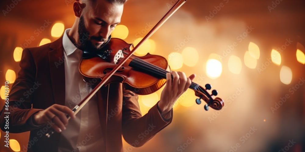 Poster a professional man dressed in a suit playing a violin. suitable for music-related projects and event