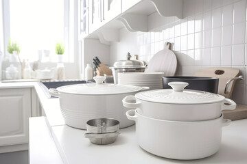 Spacious modern white kitchen interior with big casserole and other utensil objects. Cozy indoor background, generative ai