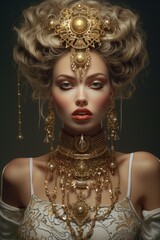 A woman wearing a gold headpiece and jewelry on her head. This image can be used for fashion, beauty, or cultural-themed projects.