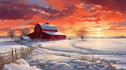 A red barn in a snowy meadow, with the sun's last light casting a vibrant, wintry glow on the landscape.