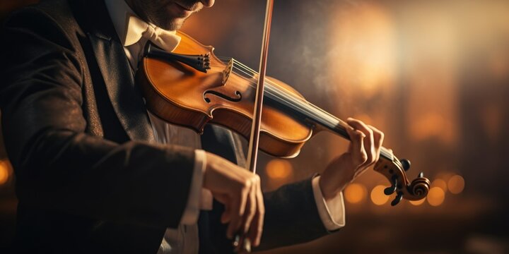 A picture of a man dressed in a suit playing a violin. This image can be used to depict a musician or a classical music performance.
