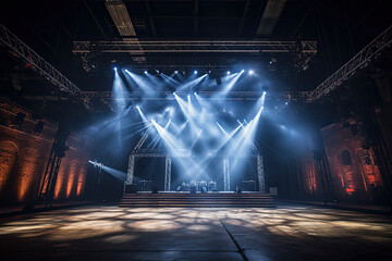 A concert stage with an industrial vibe. Exposed brick walls, metal trusses, sophite lights - obrazy, fototapety, plakaty