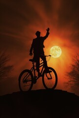 Obraz premium A man is riding a bike on top of a hill. This image can be used to depict outdoor activities, adventure, and fitness.