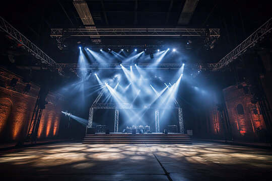 A concert stage with an industrial vibe. Exposed brick walls, metal trusses, sophite lights