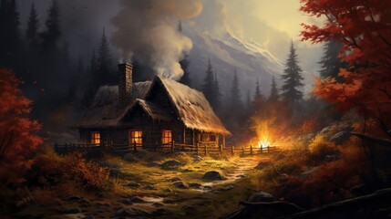 A rustic cabin in the midst of autumn, smoke billowing from its chimney, inviting warmth and coziness.