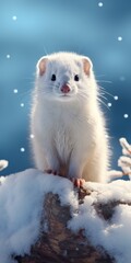 A white ferret perched on top of a log covered in snow. This image can be used to depict the beauty of winter, the innocence of animals, or the concept of finding balance in nature.