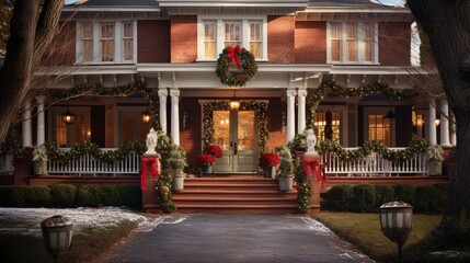 A red-brick house adorned with wreaths and twinkling holiday lights.