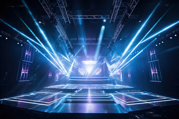 LED panels stage with holographic displays, and sleek metallic structures. - obrazy, fototapety, plakaty