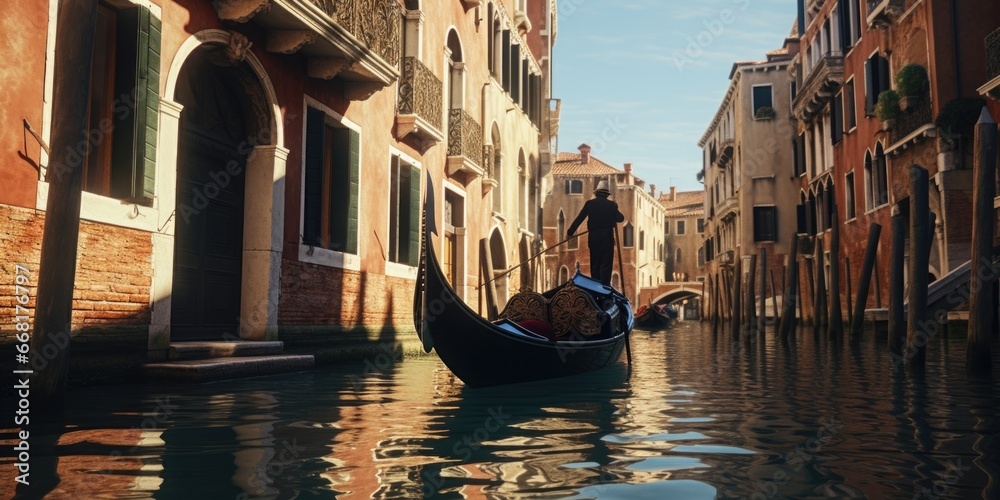 Poster A gondola floating in the middle of a narrow canal. Ideal for travel and Venice-themed projects.