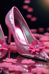 A pair of pink high heels adorned with delicate flowers. Perfect for adding a touch of femininity to any outfit. Suitable for fashion-related projects and advertisements.