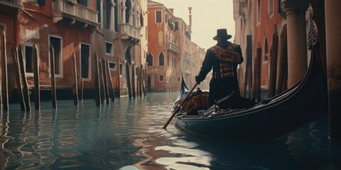 A gondola peacefully glides through a narrow canal. Perfect for travel or Venice-themed projects.