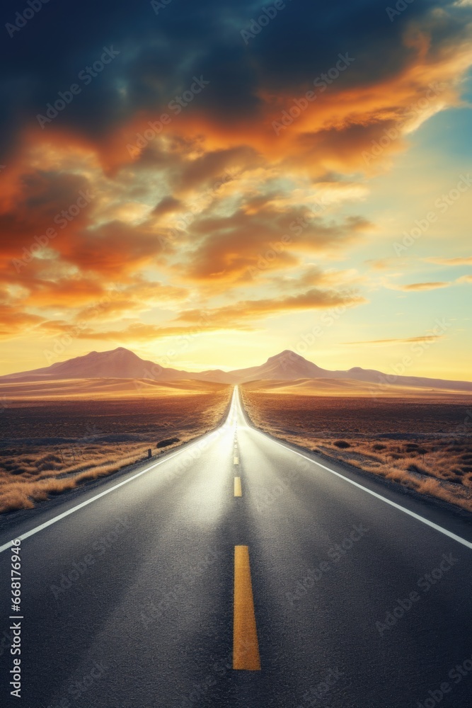 Poster a picture of an empty road stretching through the vast desert landscape. this image can be used to d